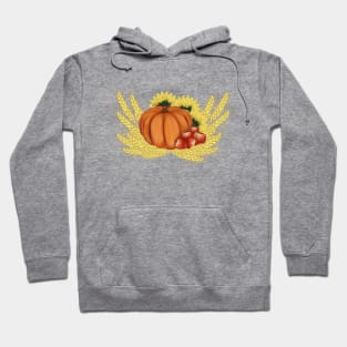 Harvest. Autumn. Pumpkin, apples, sunflowers and wheat Hoodie